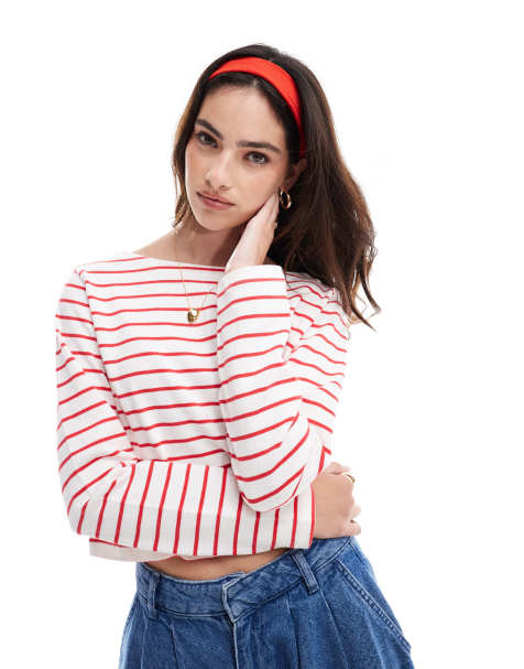 Cotton On long sleeve boat neck crop top in red stripe - view 1