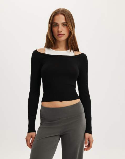 Cotton On Long sleeve boatneck layered knit in black