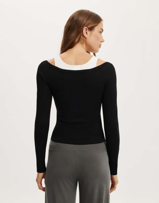 Cotton On Long sleeve boatneck layered knit in black, 4 of 4