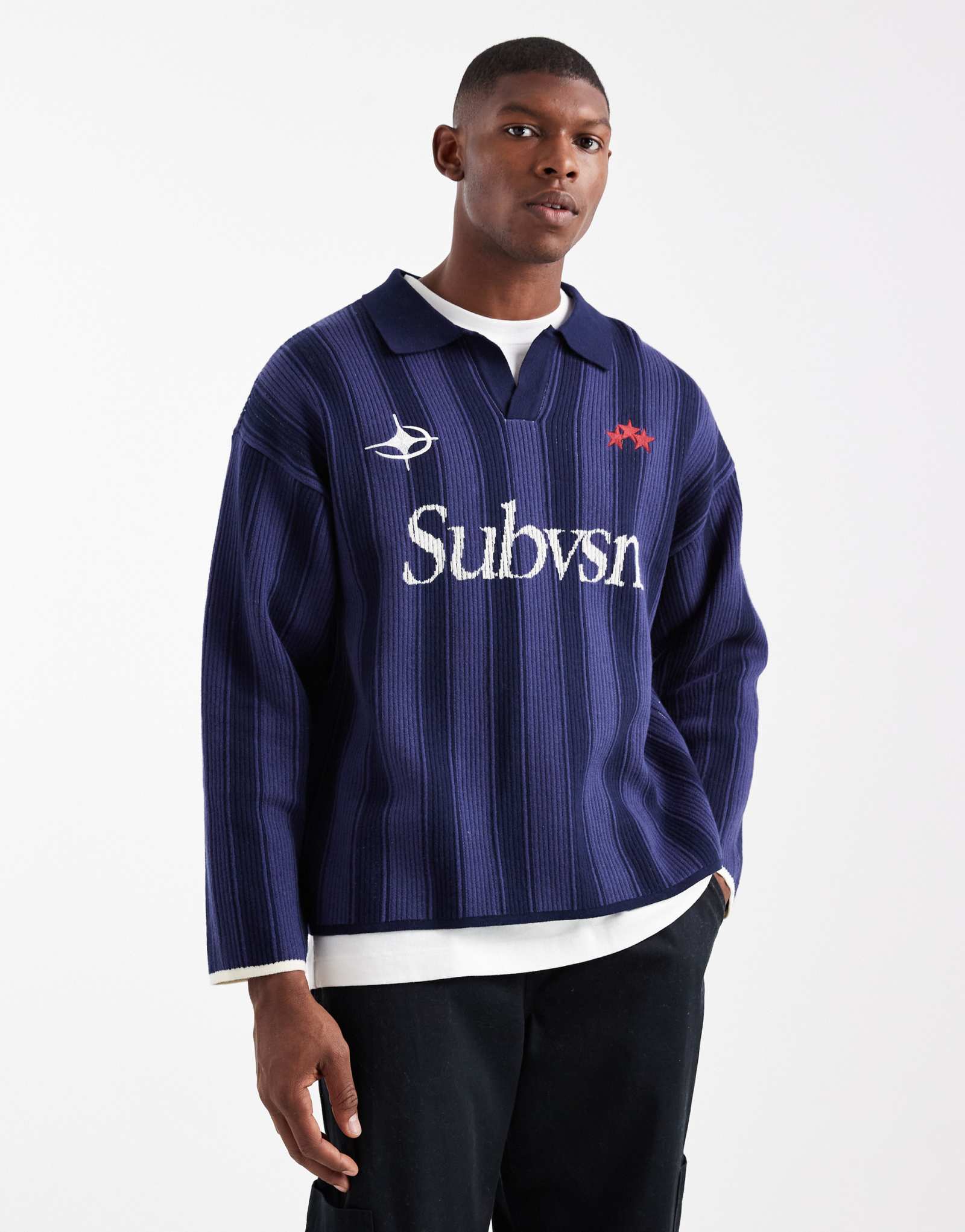 Хлопковая рубашка поло свободного покроя с длинным рукавом в темносинюю полоску