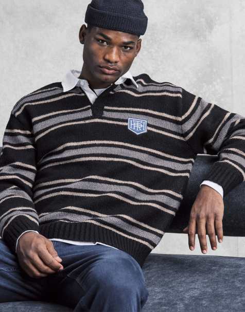Cotton On long sleeve boxy fit rugby polo in charcoal stripe