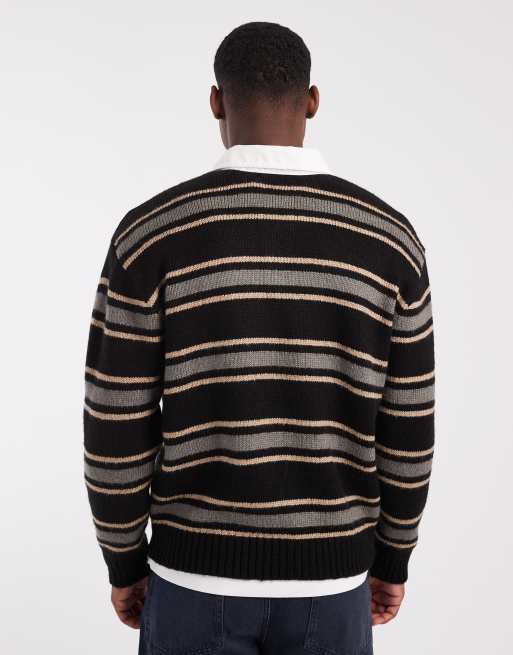 Cotton On long sleeve boxy fit rugby polo in charcoal stripe, 3 of 5