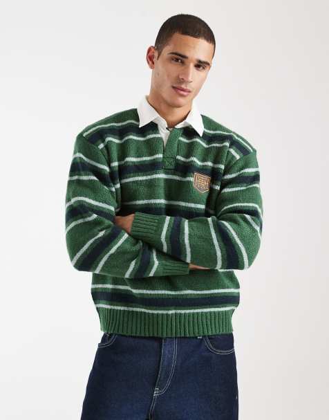 Cotton On long sleeve boxy fit rugby polo in club green stripe - view 1
