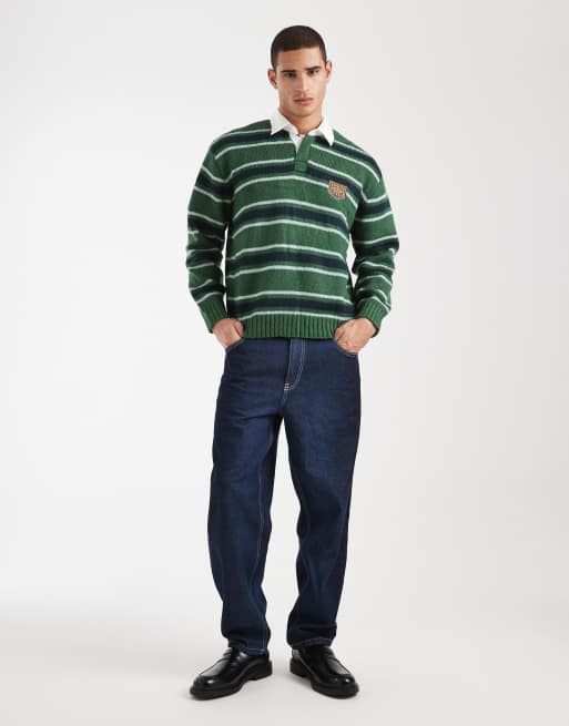Cotton On long sleeve boxy fit rugby polo in club green stripe
