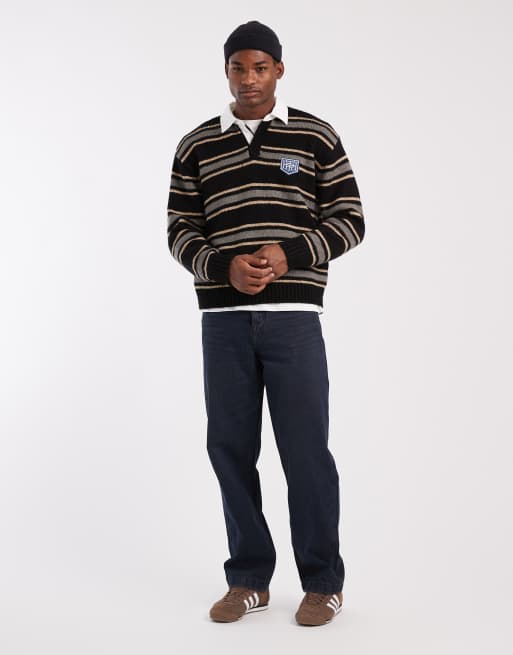 Cotton On long sleeve boxy fit rugby polo shirt in charcoal stripes, 2 of 5