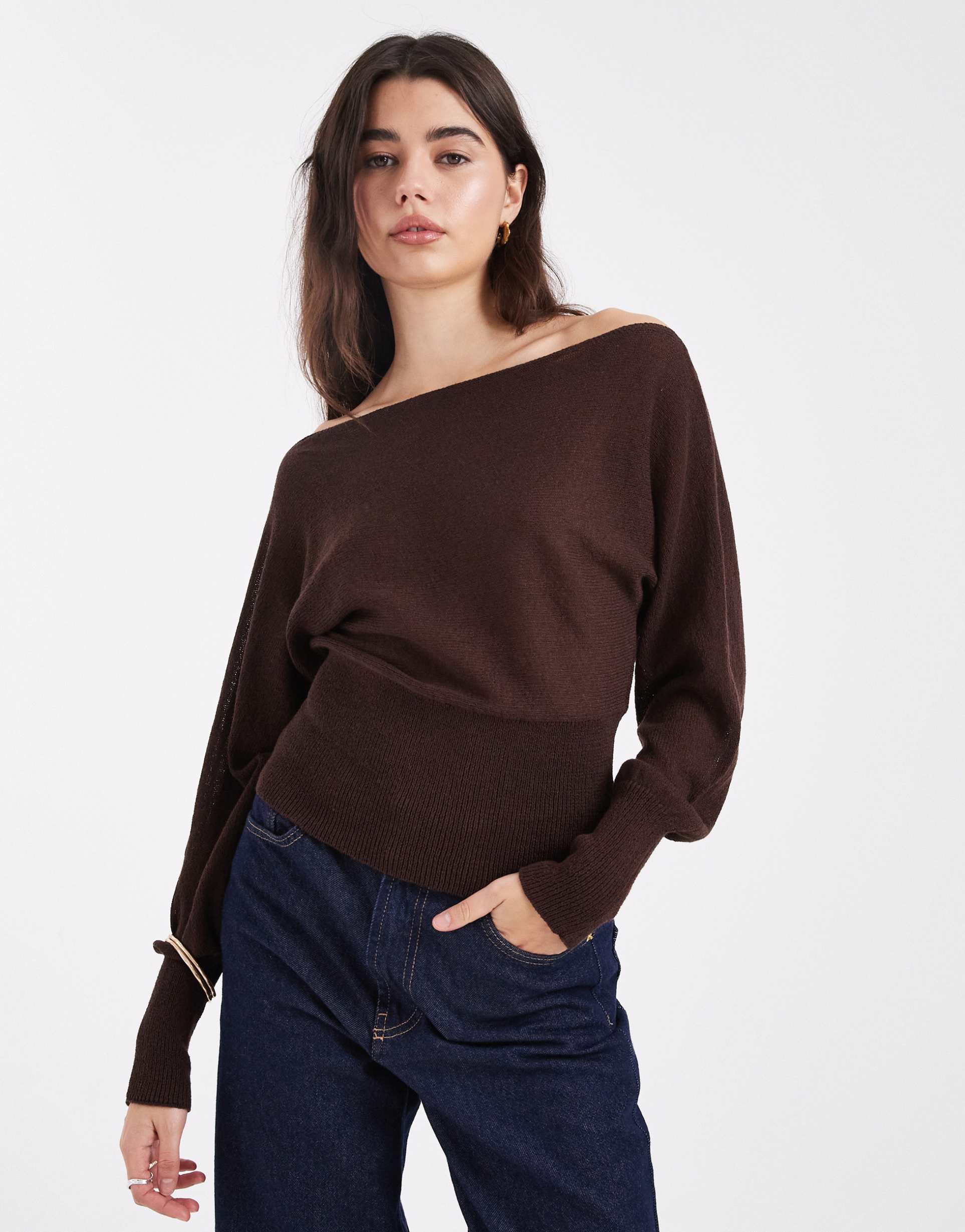 cotton on long sleeve cotton batwing knit top in rich mocha