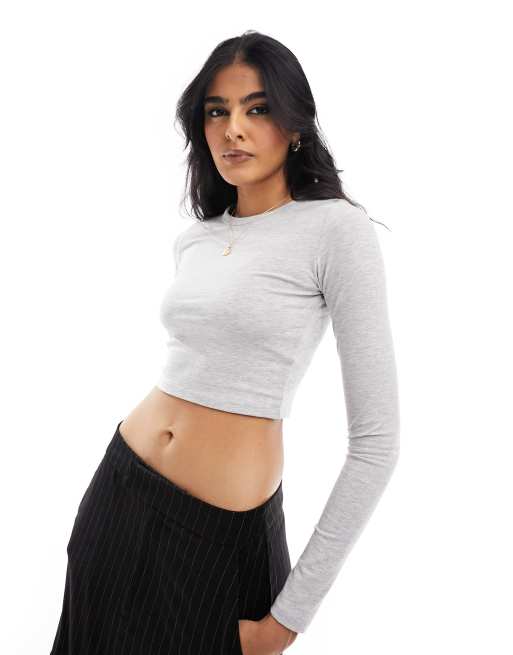 Cotton On long sleeve fitted crop top in grey