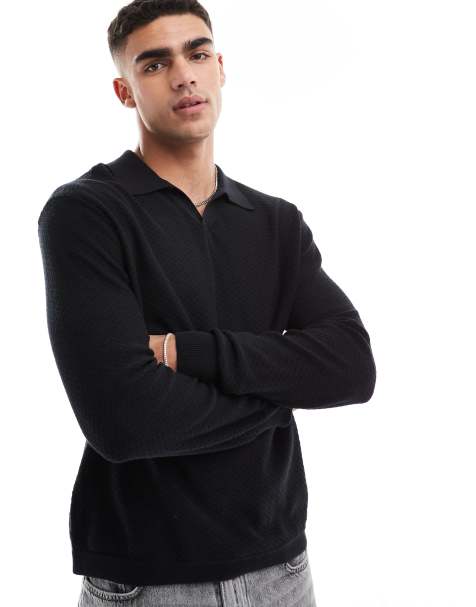 Cotton On long sleeve knitted polo lightweight jumper in black - view 1