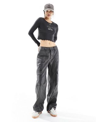 Cotton:on Cotton On Long Sleeve Lettuce Hem Rib Crop Tee With Ford Graphic-black