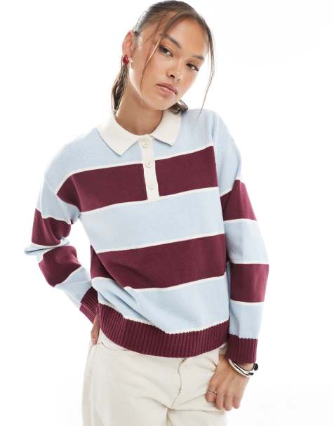 Cotton On long sleeve polo top in sour cherry stripes - view 1