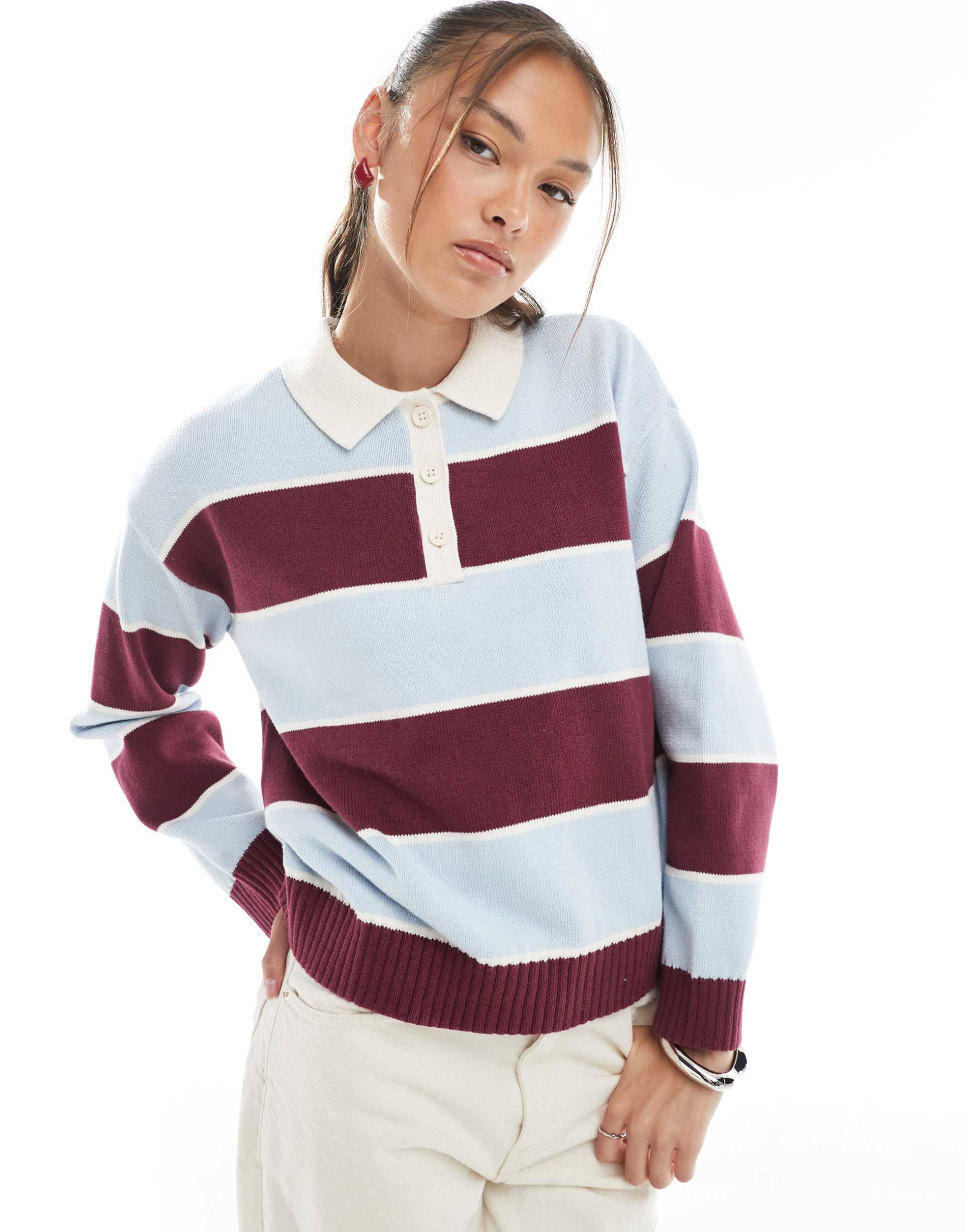 cotton on long sleeve polo top in sour cherry stripes