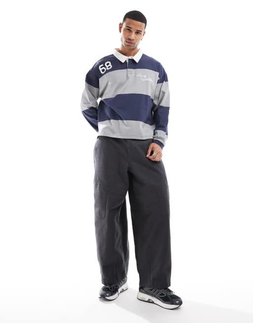 Cotton On long sleeve rugby polo shirt in striped navy and gray, 3 of 4