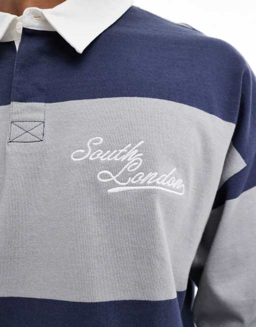 Cotton On long sleeve rugby polo shirt in striped navy and grey, 2 of 4