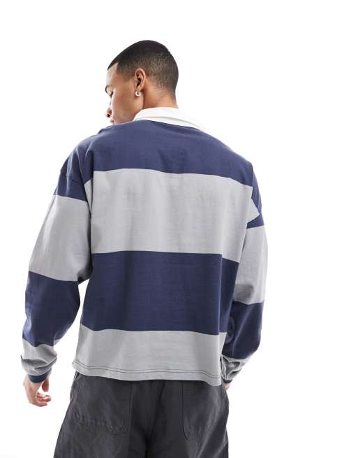 Cotton On long sleeve rugby polo shirt in striped navy and grey, 4 of 4