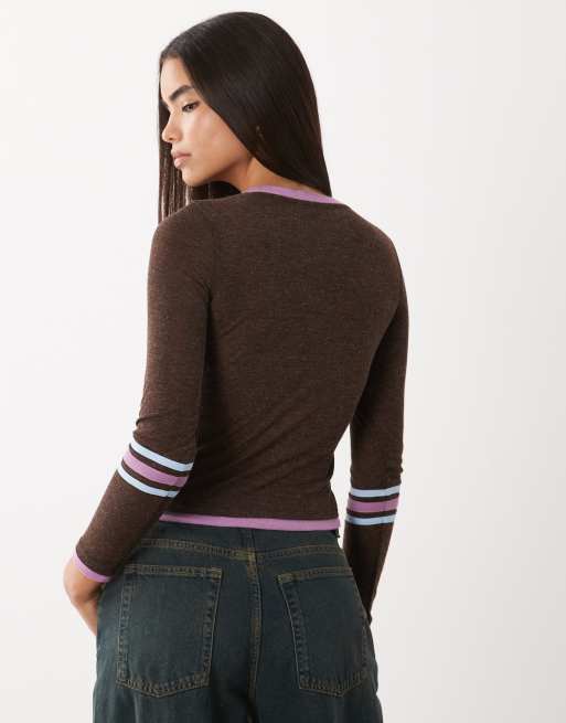 Cotton On long sleeve sporty graphic jersey top in dark oak, 2 of 4
