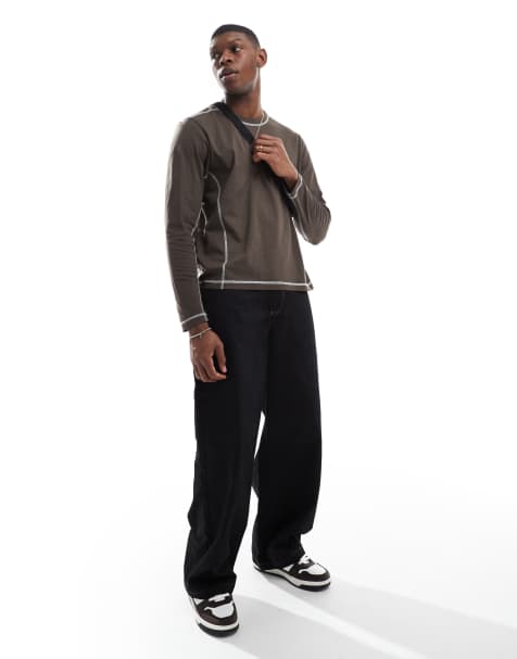 Cotton On long sleeve top with contrast seams in brown - view 1