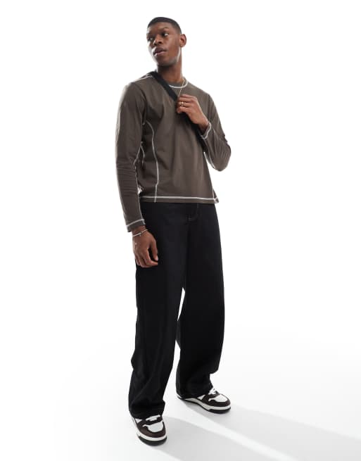 Cotton On long sleeve top with contrast seams in brown