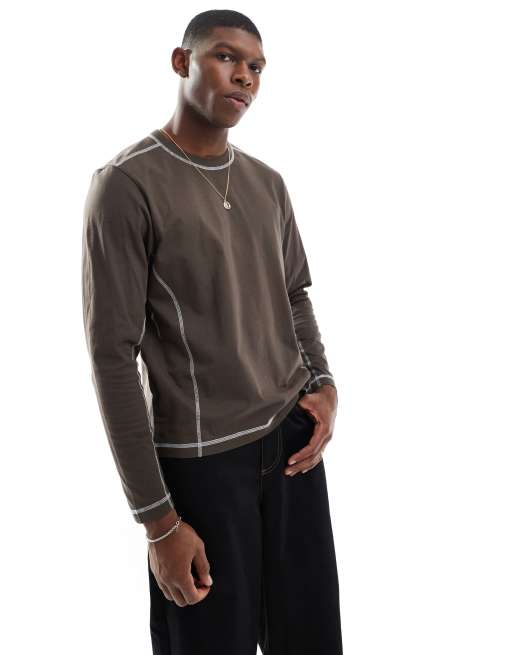 Cotton On long sleeve top with contrast seams in brown