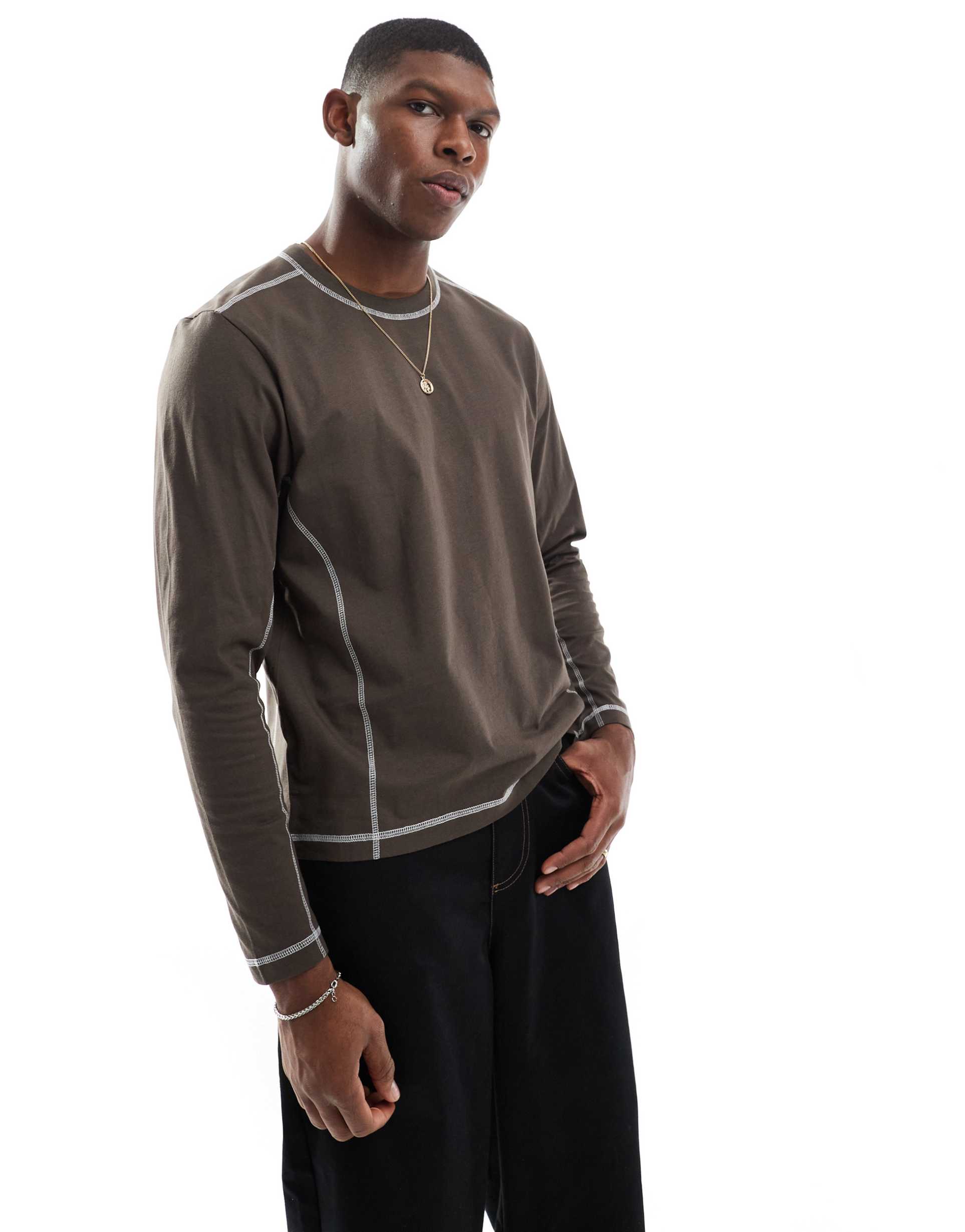 Cotton On long sleeve top with contrast seams in brown