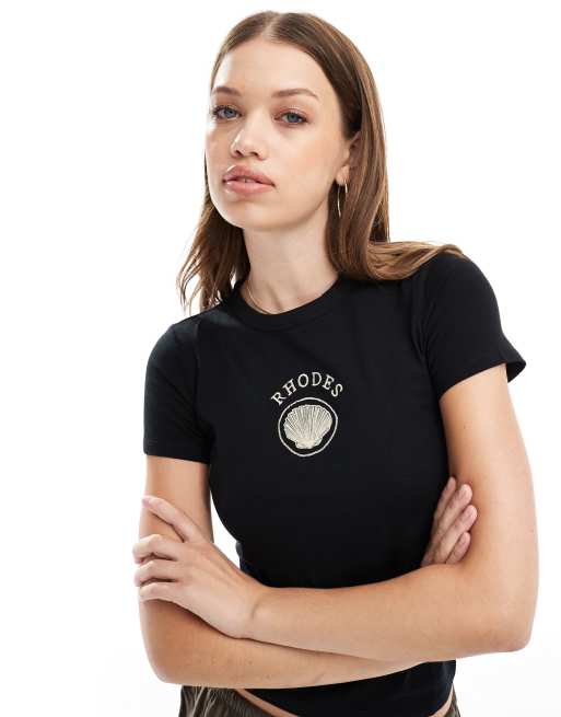 Cotton On longline graphic tee with rhodes shell graphic in black