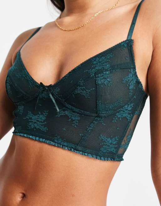 Cotton: On longline lace bralette in dark green