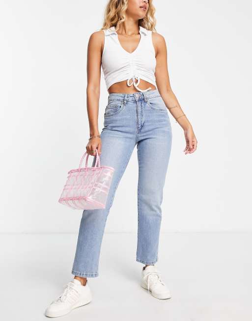 Object cotton wide leg dad jeans in mid blue wash - MBLUE