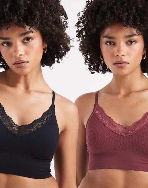 Cotton On - Lot de 2 brassières longues sans coutures avec détails en dentelle - Noir et bordeaux - view 1