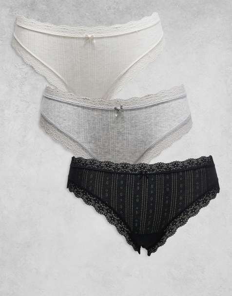 Cotton On - Lot de 3 bas de bikini en coton, dentelle et maille pointelle - Noir, gris et blanc - view 1