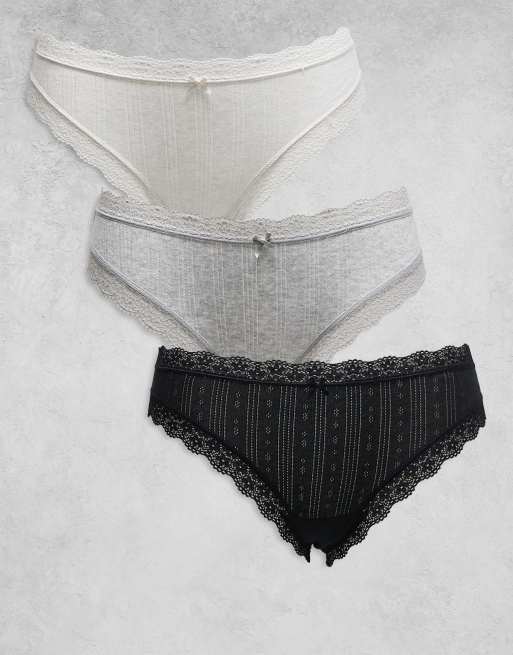 Cotton On - Lot de 3 bas de bikini en coton, dentelle et maille pointelle - Noir, gris et blanc