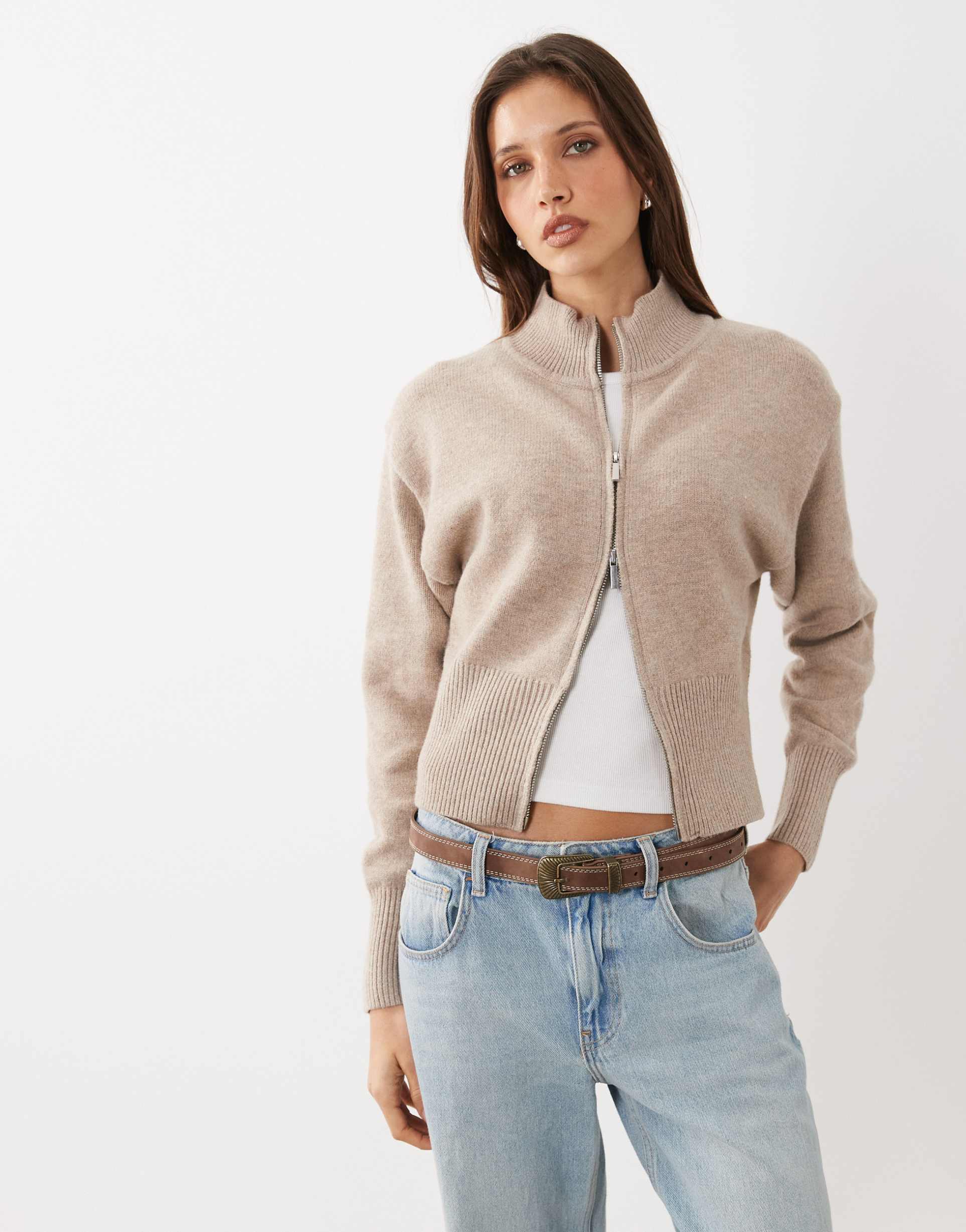 cotton on lotus cinched zip knit cardigan in chai dust