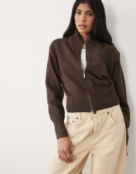 Cotton On Lotus cinched zip knit in dark oak - view 1