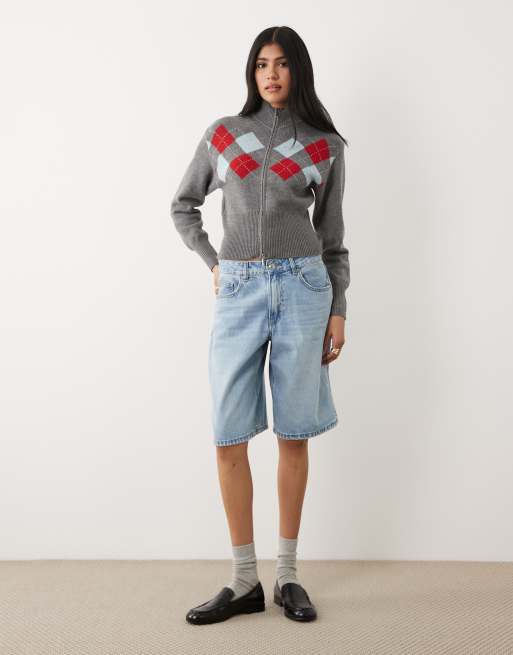 Cotton On Lotus cinched zip knit in grey argyle, 3 of 4