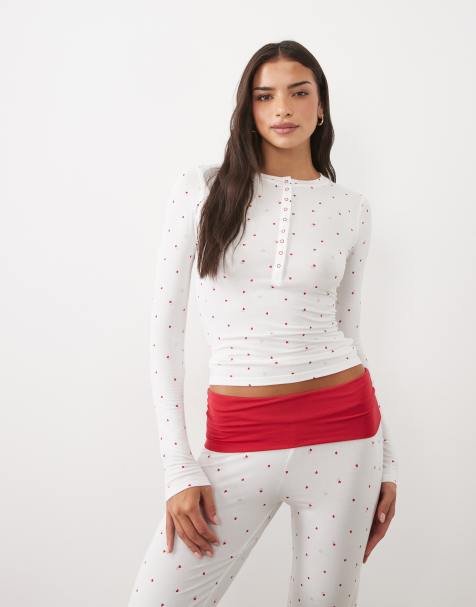 Cotton On lounge airy soft henley top in white heart print co-ord - view 1
