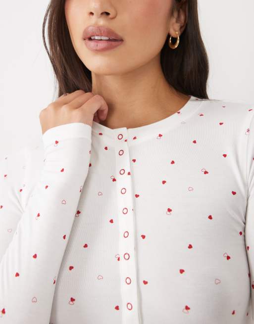 Cotton On lounge airy soft henley top in white heart print co-ord, 3 of 4