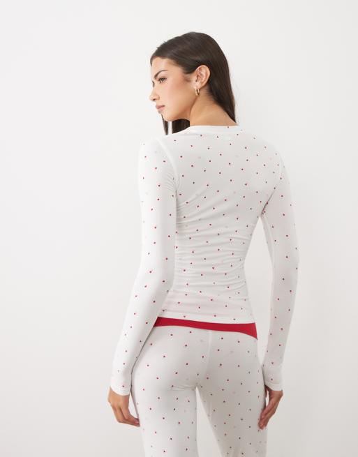 Cotton On lounge airy soft henley top in white heart print co-ord, 4 of 4