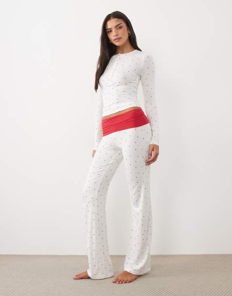 Cotton On lounge airy soft roll over waist trouser in white heart print co-ord - view 1