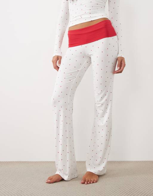 Cotton On lounge airy soft roll over waist trouser in white heart print co-ord, 3 of 4