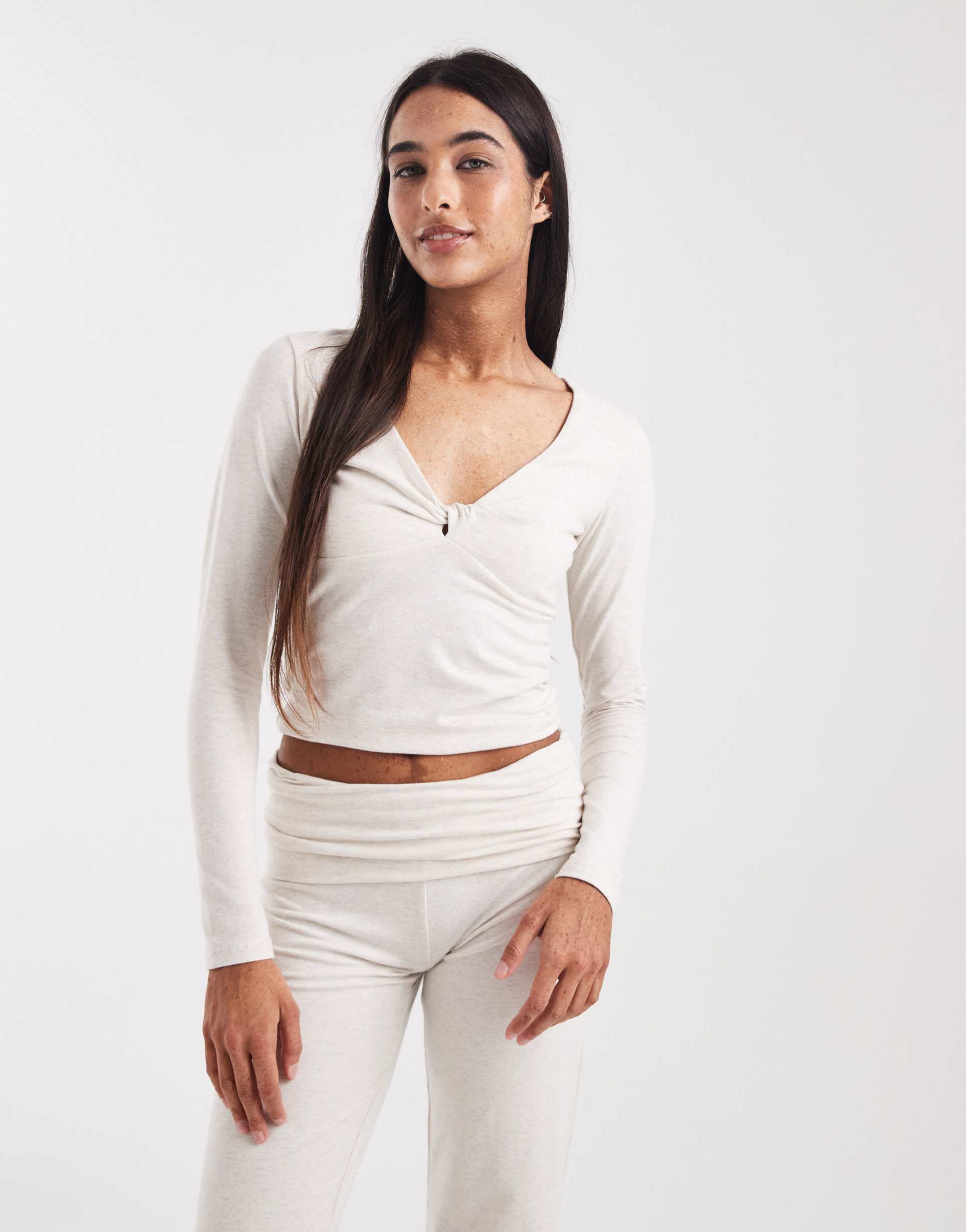 cotton on lounge dreamy soft twist long sleeve top in butterscotch marle