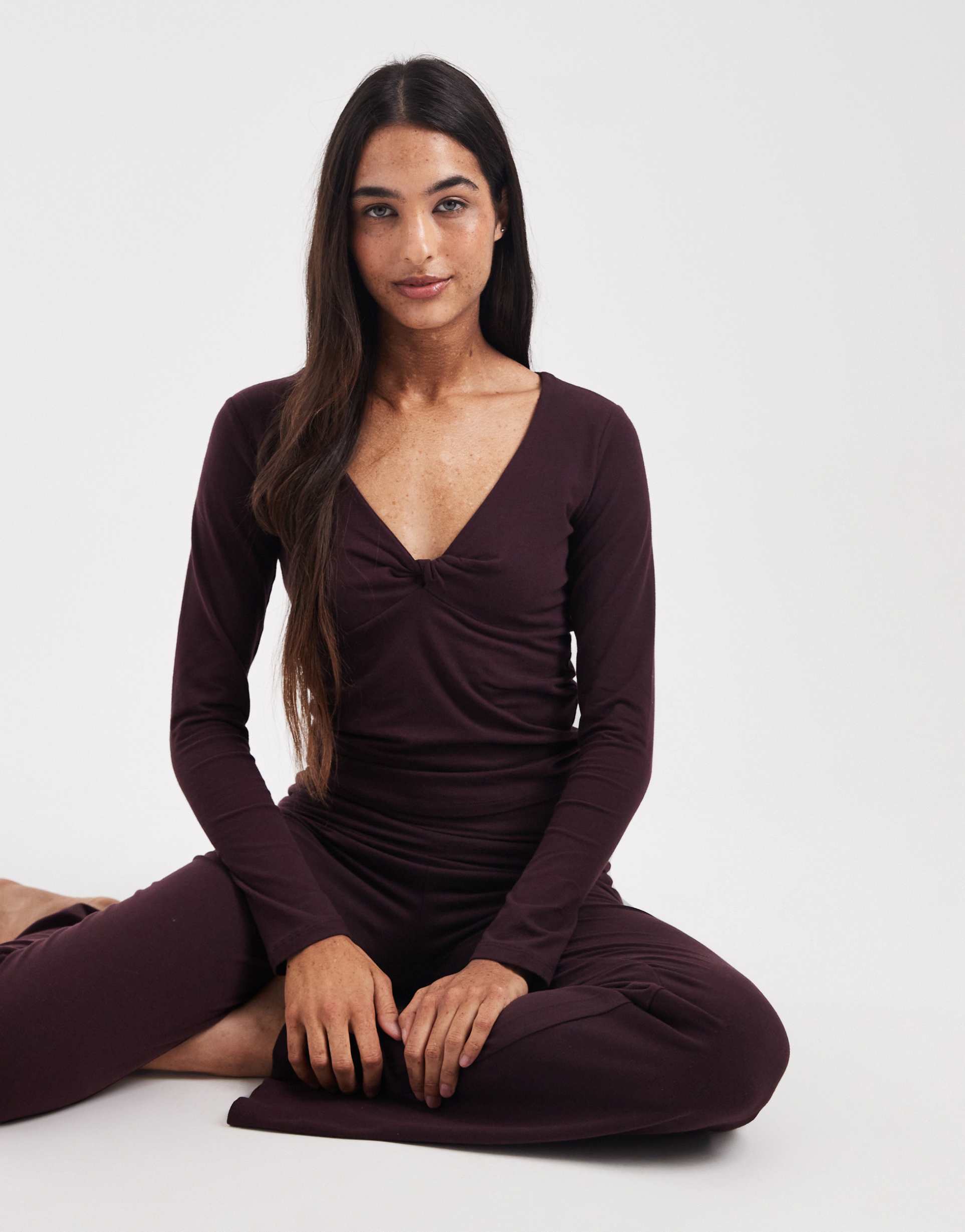 cotton on lounge dreamy soft twist long sleeve top in chocolate plum