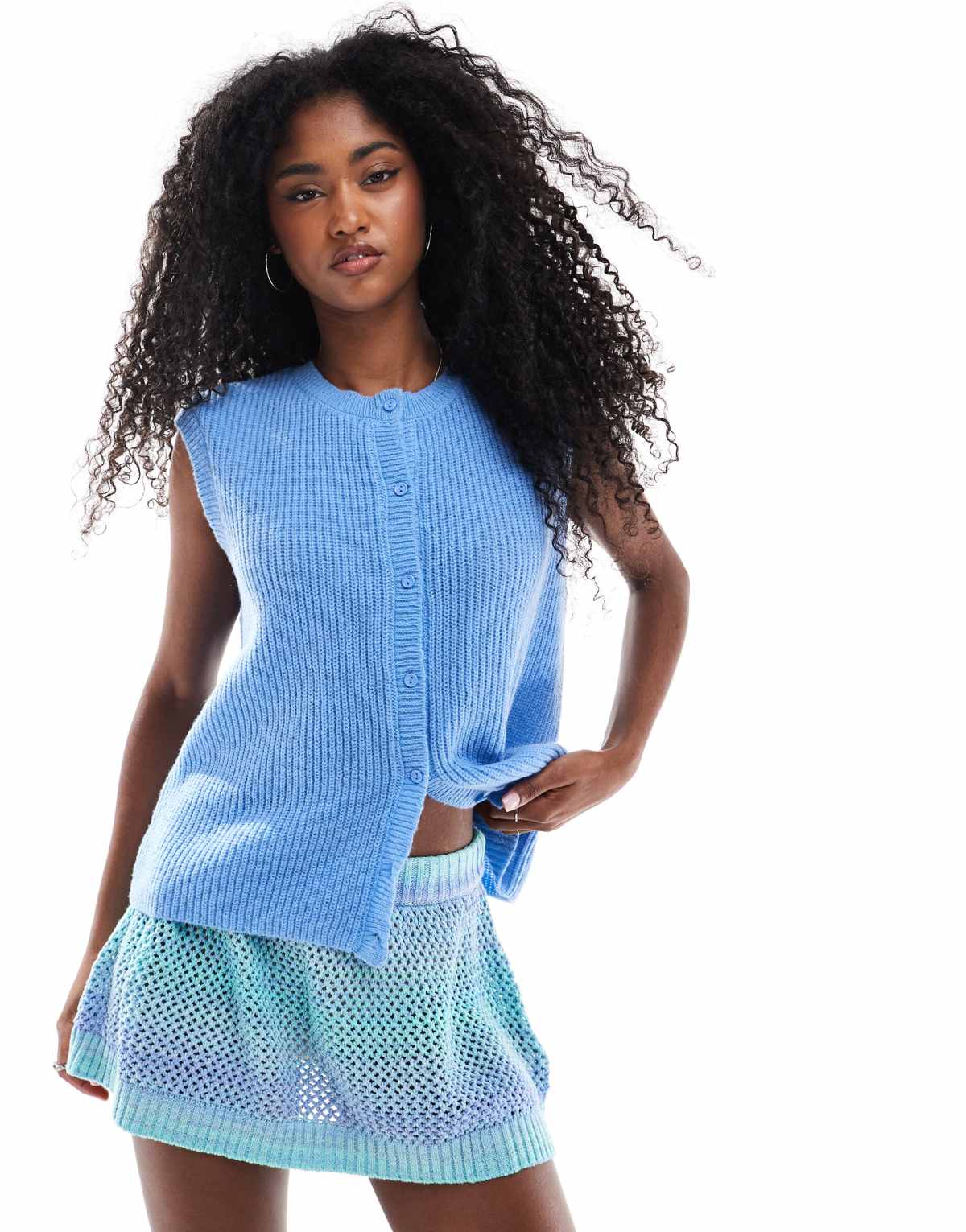 Cotton On lounge knit button up vest in adrift blue