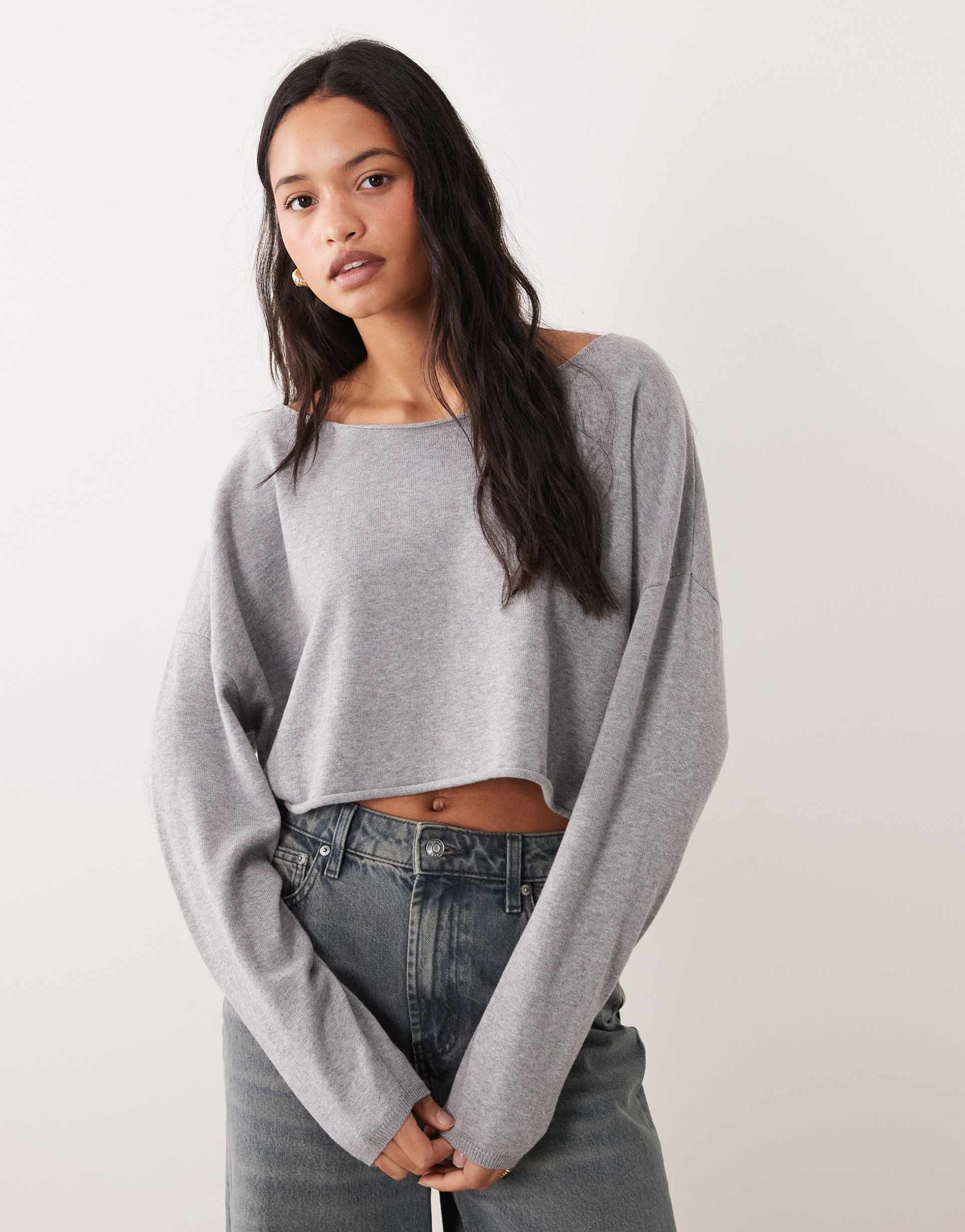 cotton on lounge off-shoulder knit sweater in light gray heather