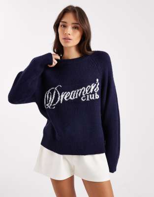 Cotton On - Lounge-Strickpullover in Marineblau mit „Dreamer's"-Schriftzug