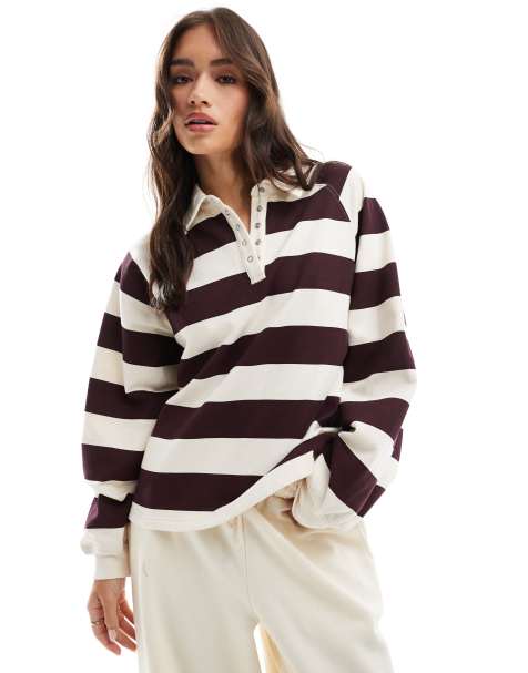 Cotton On – Lounge-Sweatshirt in gestreiftem Burgunderrot mit Knopfleiste - view 1