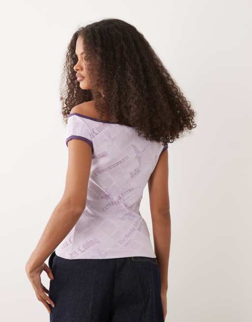 Cotton On lucky star graphic off the shoulder baby tee in mauve mist, 4 of 4