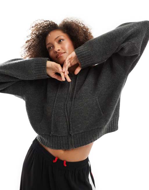 Cotton On - Lux - Cardigan stile bomber in maglia taglio corto grigio mélange scuro