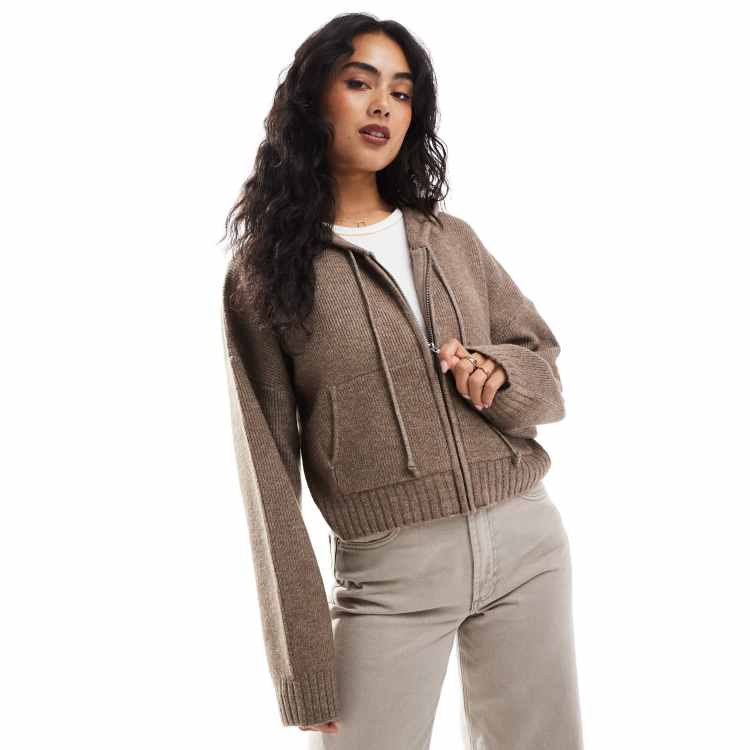Cotton On lux cropped knitted bomber cardigan in mocha | ASOS