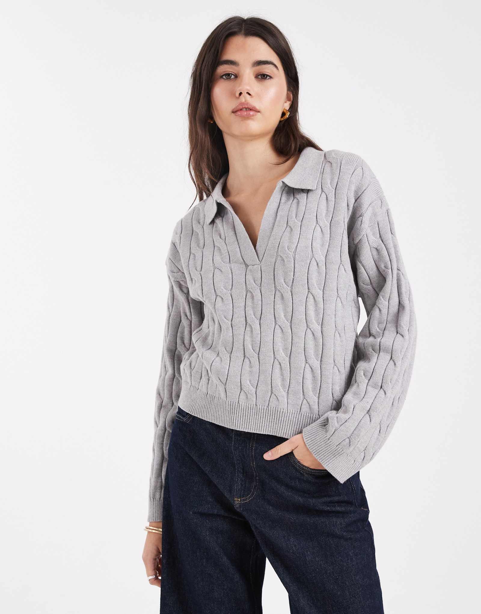 Свитер с роскошным воротником из хлопка вересково-серого цвета