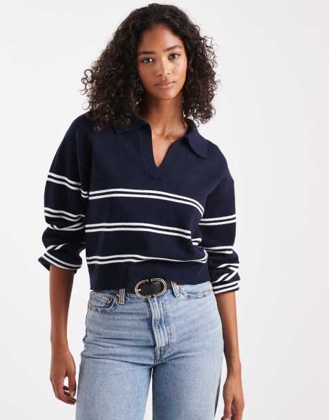 Cotton On luxe collar sweater in moonlit indigo stripe - view 1