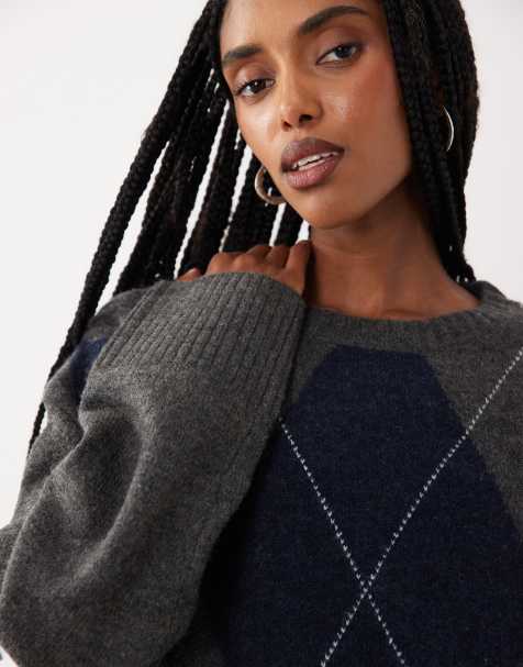 Cotton On luxe crew neck jumper in charcoal argyle - view 1