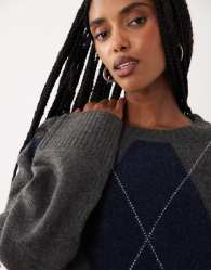 Cotton On luxe crew neck jumper in charcoal argyle